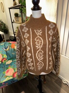 Vici Brown and Cream Patterned Turtleneck Sweater